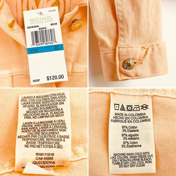 MICHAEL KORS Denim Jacket Gold Button Stretch Patch Pocket Pointed Collar